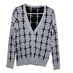 POL Sweater Women Gray Black Cross Button Closure V Front Long Sleeve Cardigan S